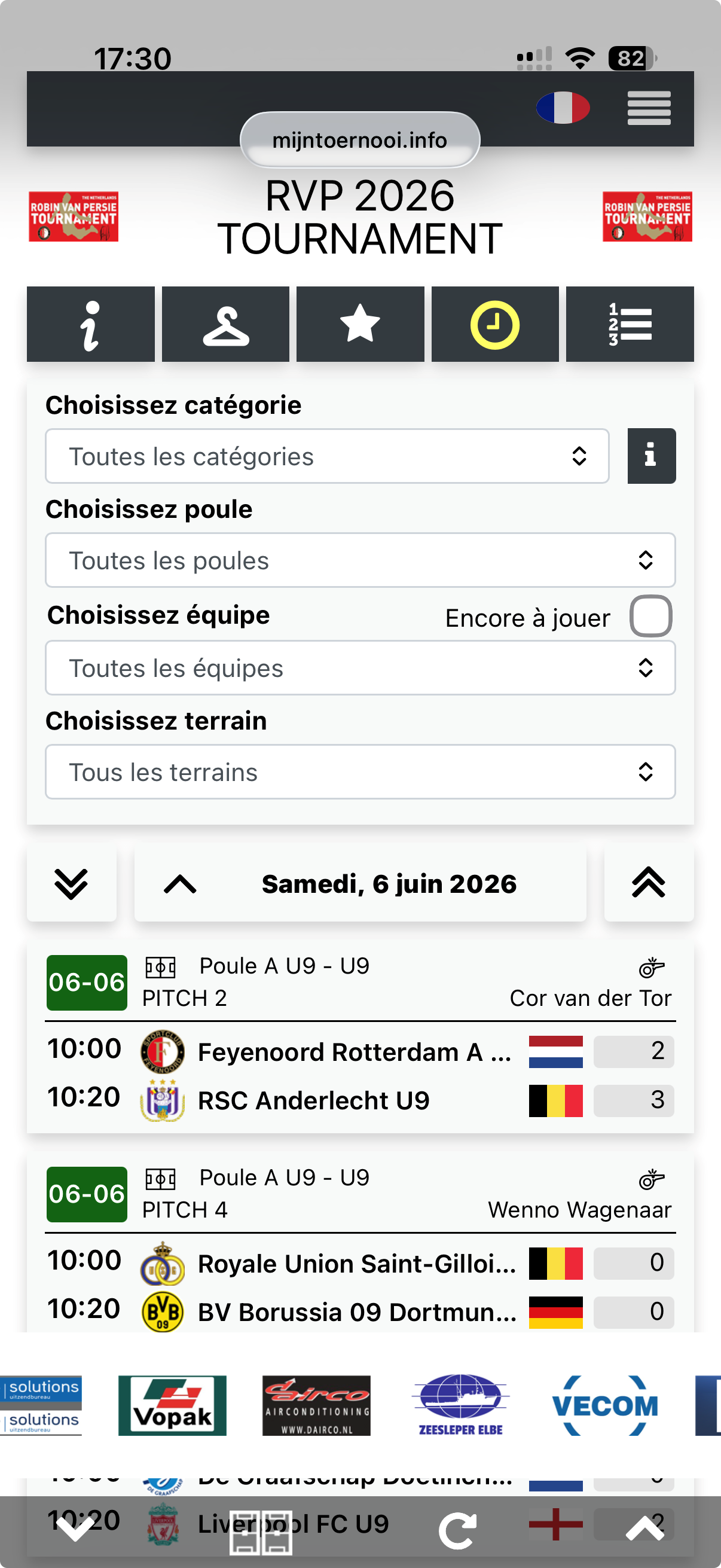 Page visiteurs mobile avec planning des matchs, filtre par équipe et classements