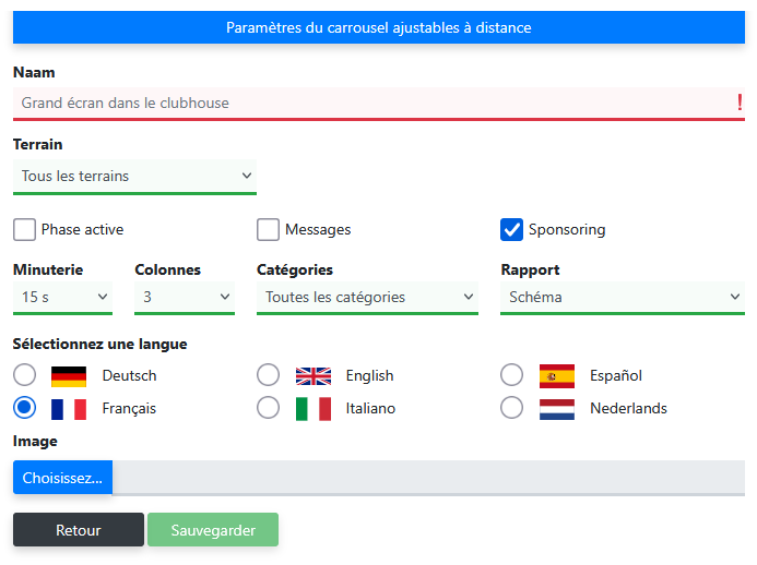 Écran de paramétrage des paramètres du carrousel de l'écran de présentation